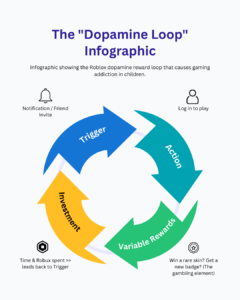 Infographic showing the Roblox dopamine reward loop that causes gaming addiction in children.