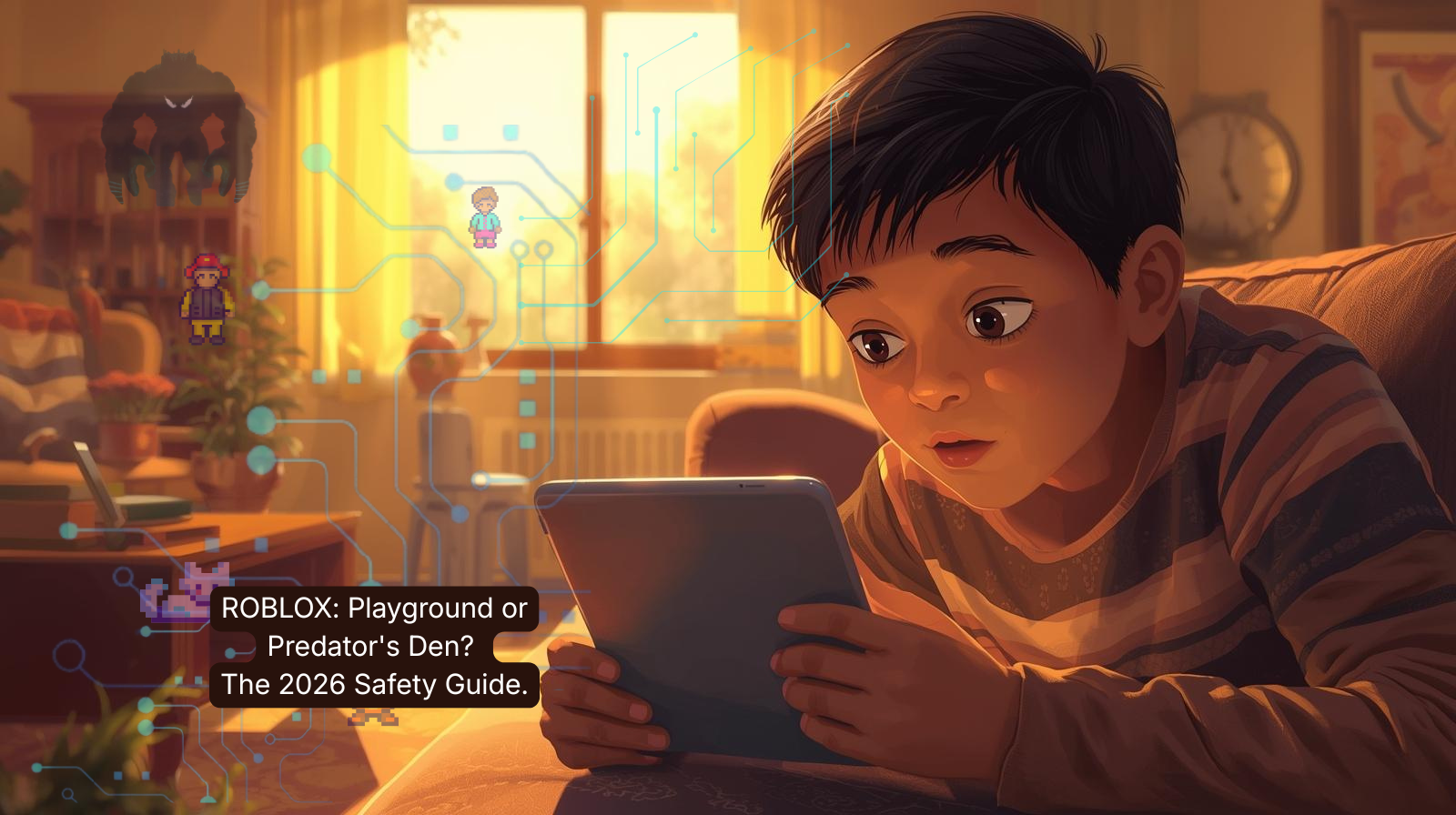 A child playing Roblox on a tablet in a dark room, symbolizing the hidden dangers of online gaming for kids.