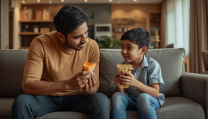 Family teaching financial literacy for kids during everyday shopping decisions.
