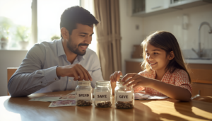 Parent teaching financial literacy for kids using coins and saving jars.